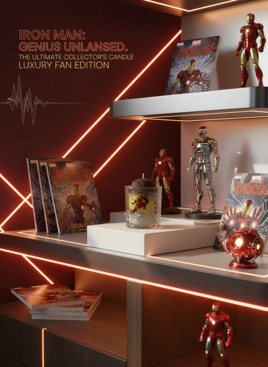 Themed candle and figurines on a shelf 