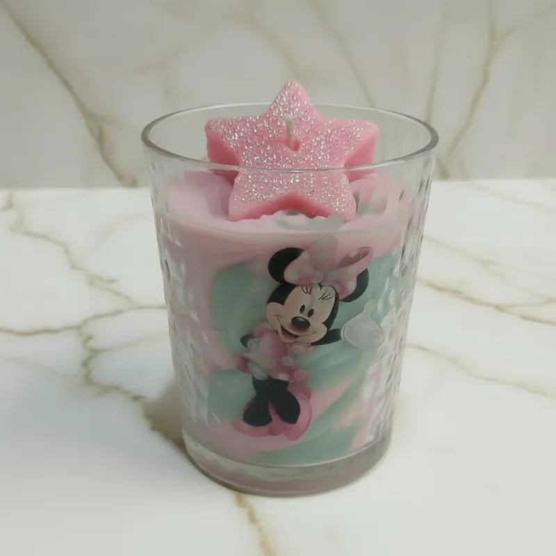 Glass with Minnie Mouse design  with large pink candle top-FRONT VIEW