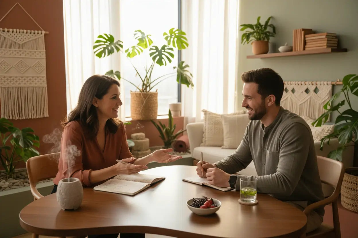 Two people sitting at a table in a cozy living room with plants and decor.
