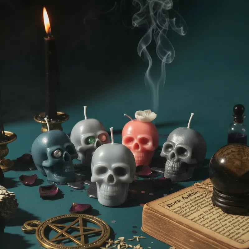 Skull-shaped candles with a candle and book on a dark background