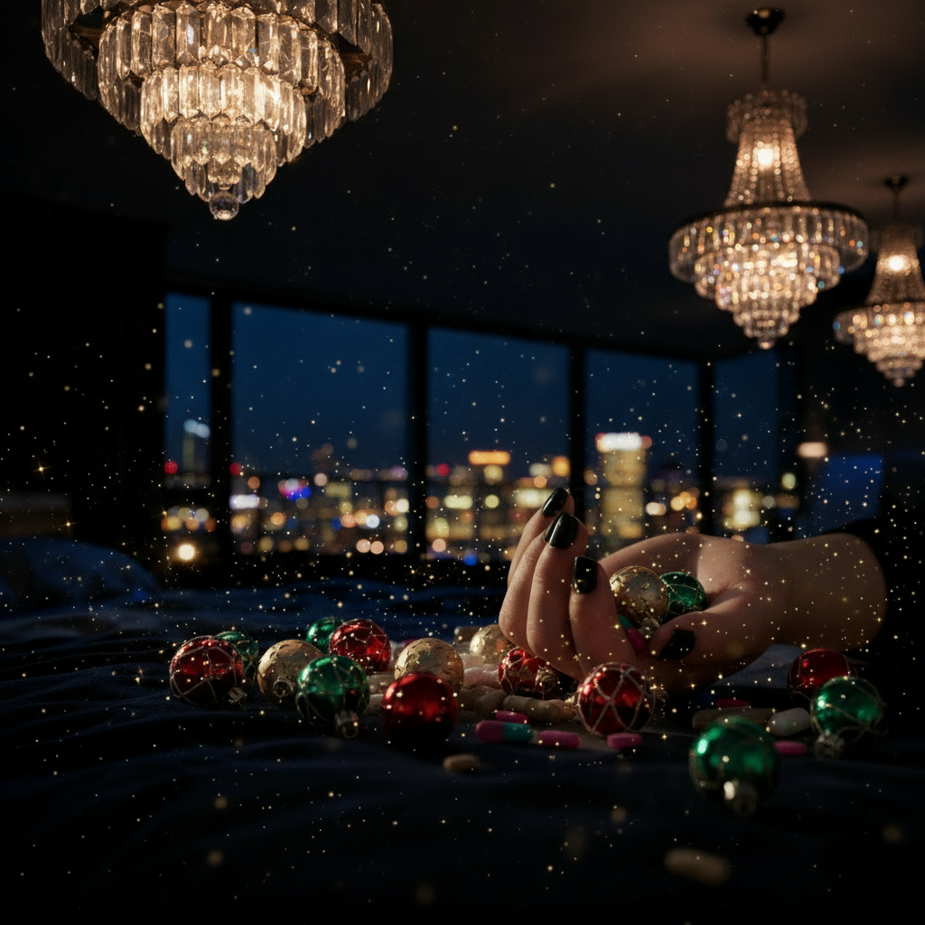 Person LYING ON FLOOR  FROM DRUG OVERDOSE holding a pile of colorful pills WITH ALCOHOL. PEOPLE, ALCOHOL, DRUGS IN BACKGROUND PARTY