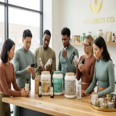 Group of people interacting with health and wellness products in a store setting.