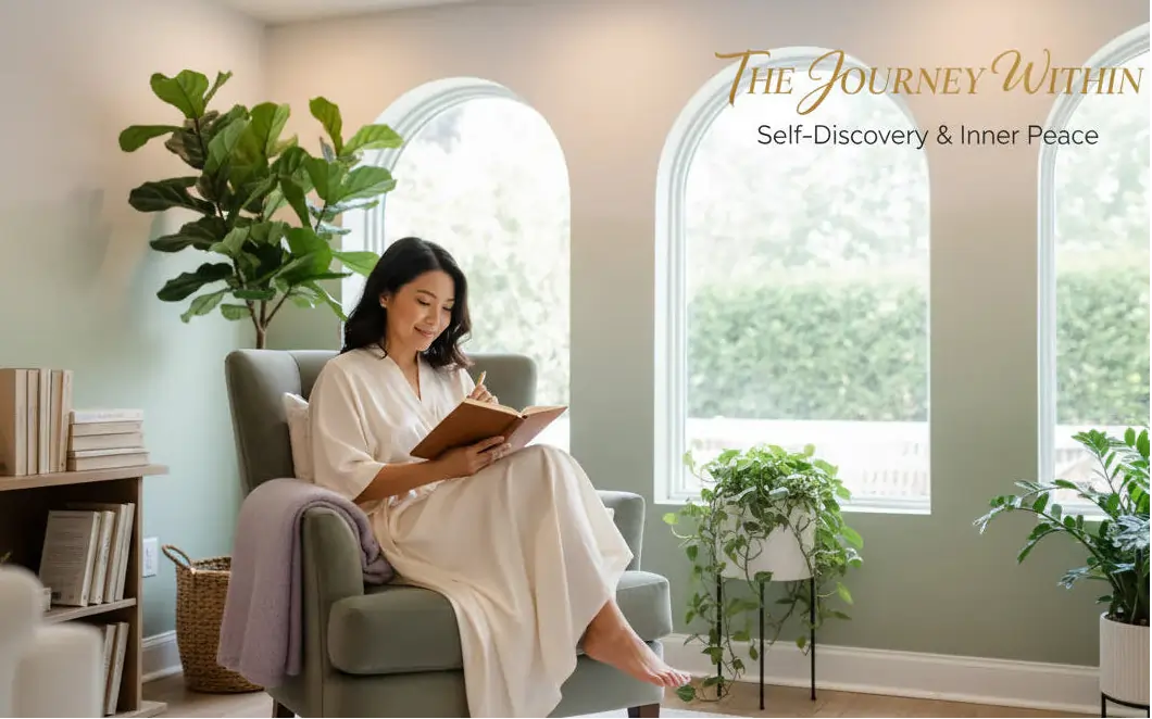 Woman reading a book in a cozy room with plants and 'The Journey Within' text.