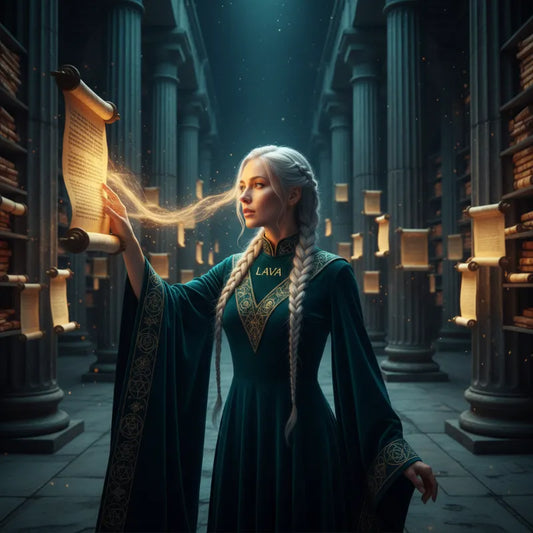 LAVA in a green robe holding a glowing scroll in akashic library