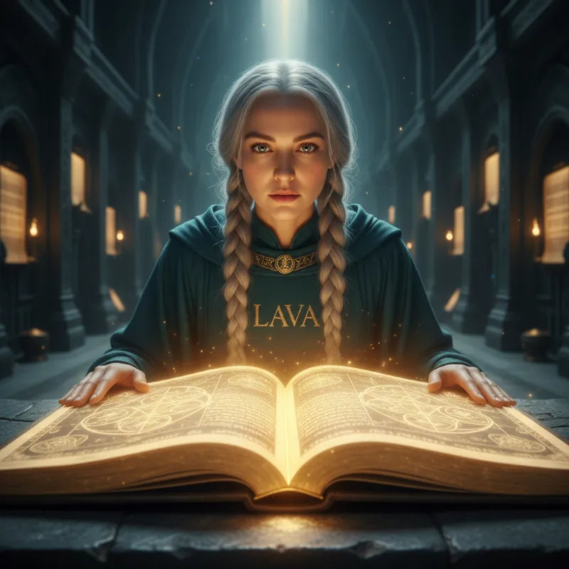 LAVA in a green robe holding a glowing book in the hall of records