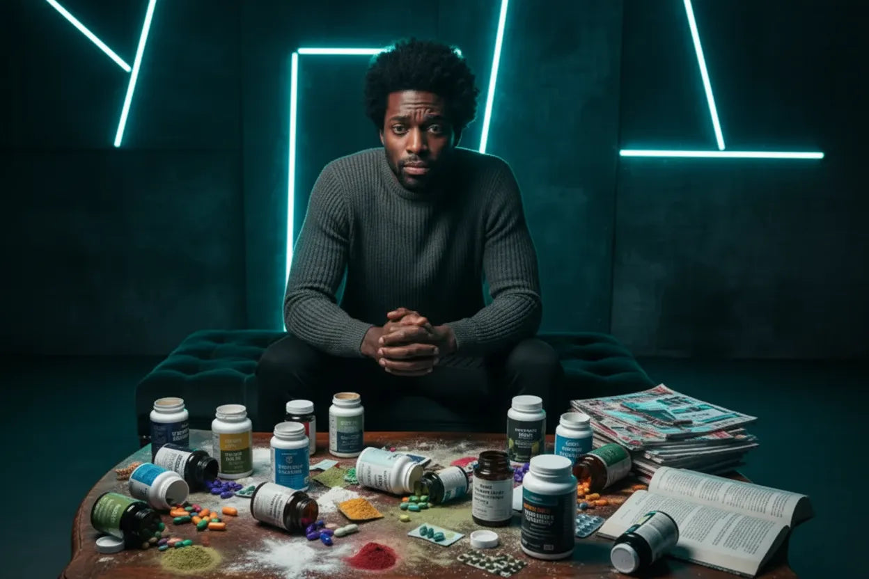 Man sitting behind a table with various bottles and items.