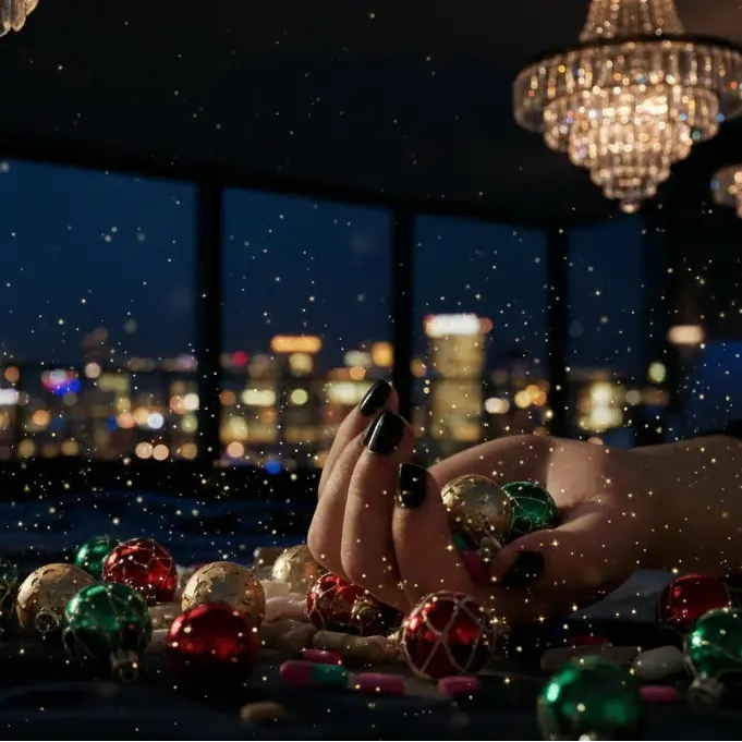 Close-up of hands that had enough  until breaking point, with colorful ornaments against a cityscape at night.