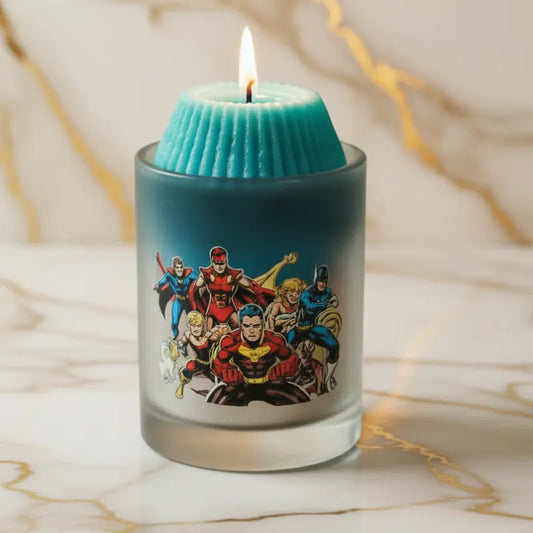 Volcano shaped Candle in a holder with Avengers superhero design