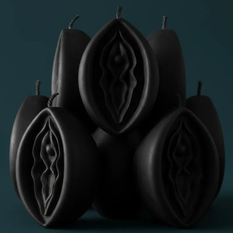 Black V-SPOT candles with intricate designs on a dark background