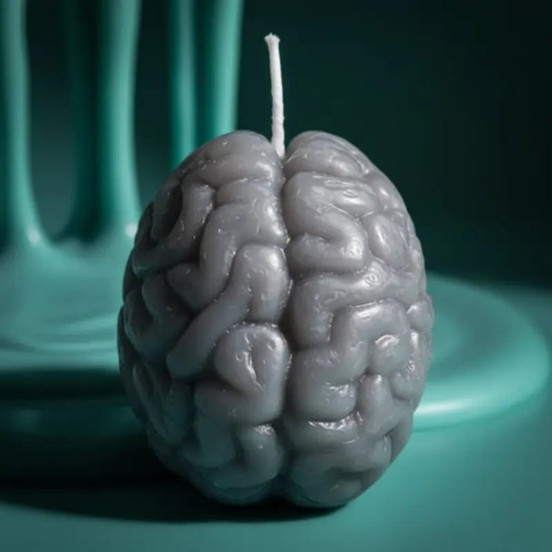 Brain-shaped candle extreme close-up on  LAVA branding