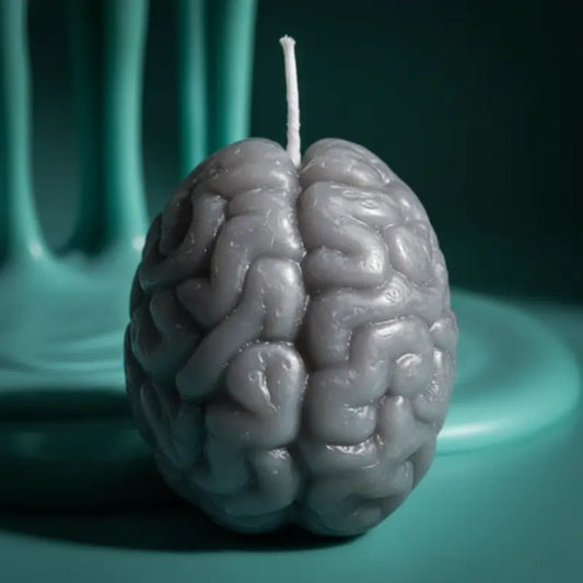 Brain-shaped candle extreme close-up on  LAVA branding
