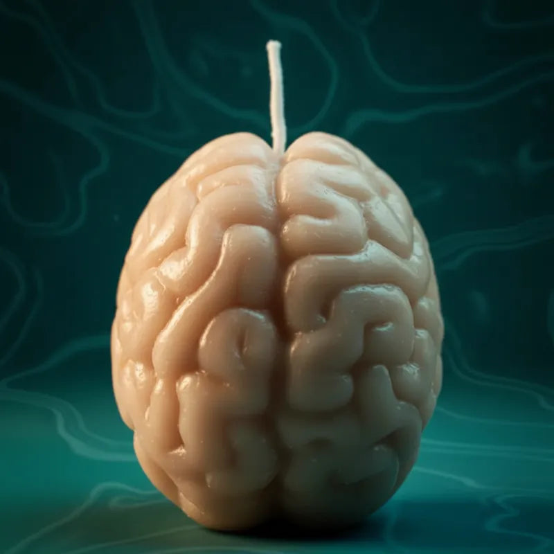 Brain-shaped candle extreme close-up — LAVA teal turquoise branding, luxury wellness boutique