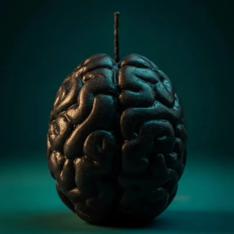 Brain-shaped candle extreme close-up — LAVA teal turquoise branding, luxury wellness boutique
