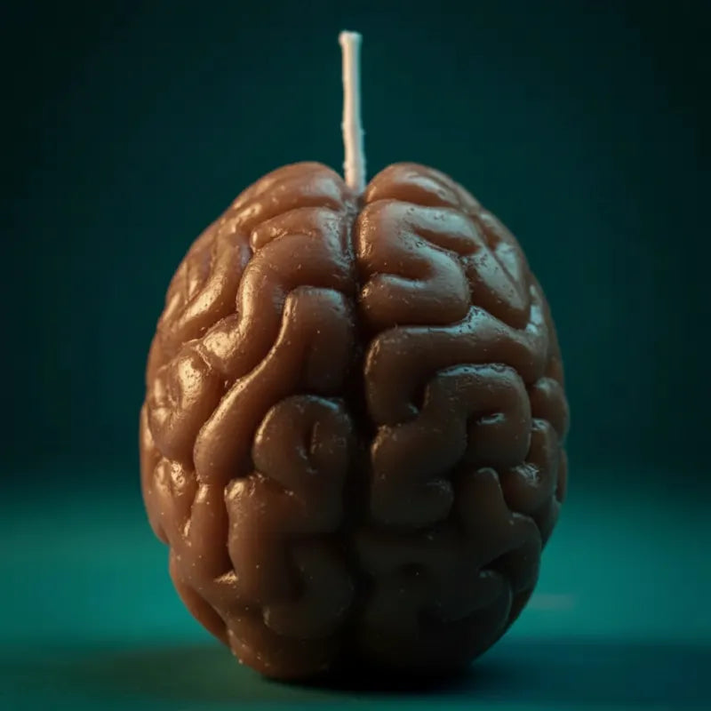 Brain-shaped candle extreme close-up — LAVA teal turquoise branding, luxury wellness boutique