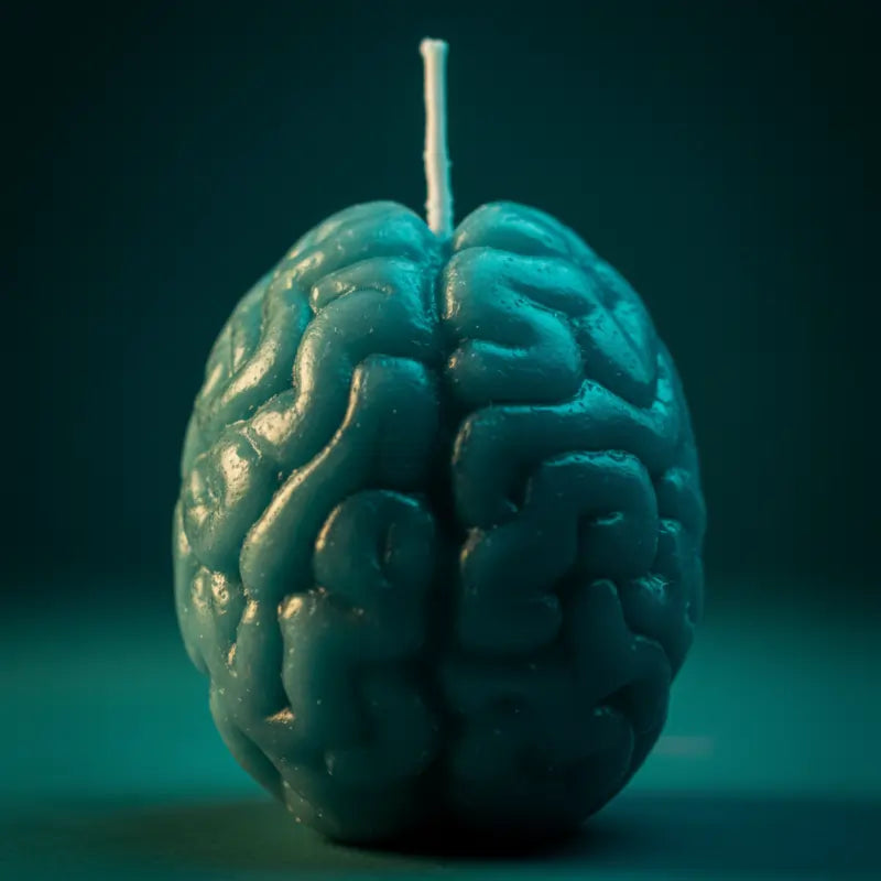 Brain-shaped candle extreme close-up — LAVA teal turquoise branding, luxury wellness boutique
