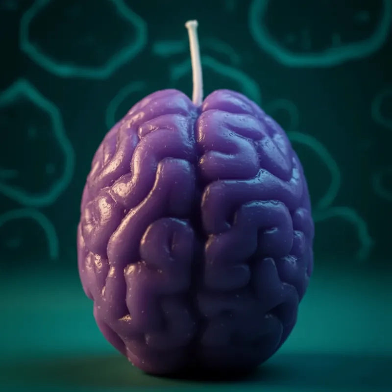 Brain-shaped candle extreme close-up — LAVA teal turquoise branding, luxury wellness boutique