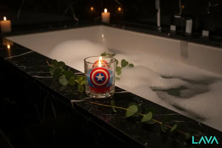 Captain America Candle in a bathtub setting