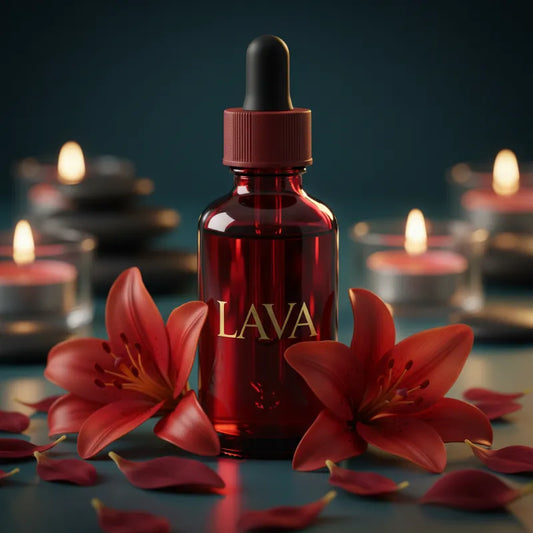 Red bottle labeled 'LAVA' with red flowers and Lava candles in the background