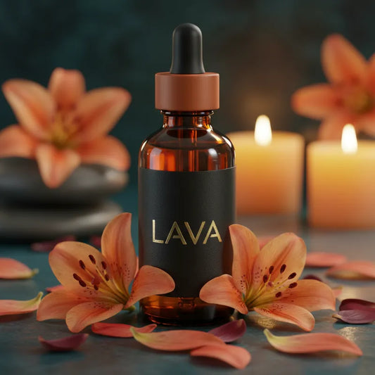 Bottle of LAVA with flowers and candles in the background