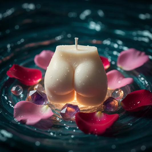 Cheeks shaped Candle floating on water with pink petals and crystals