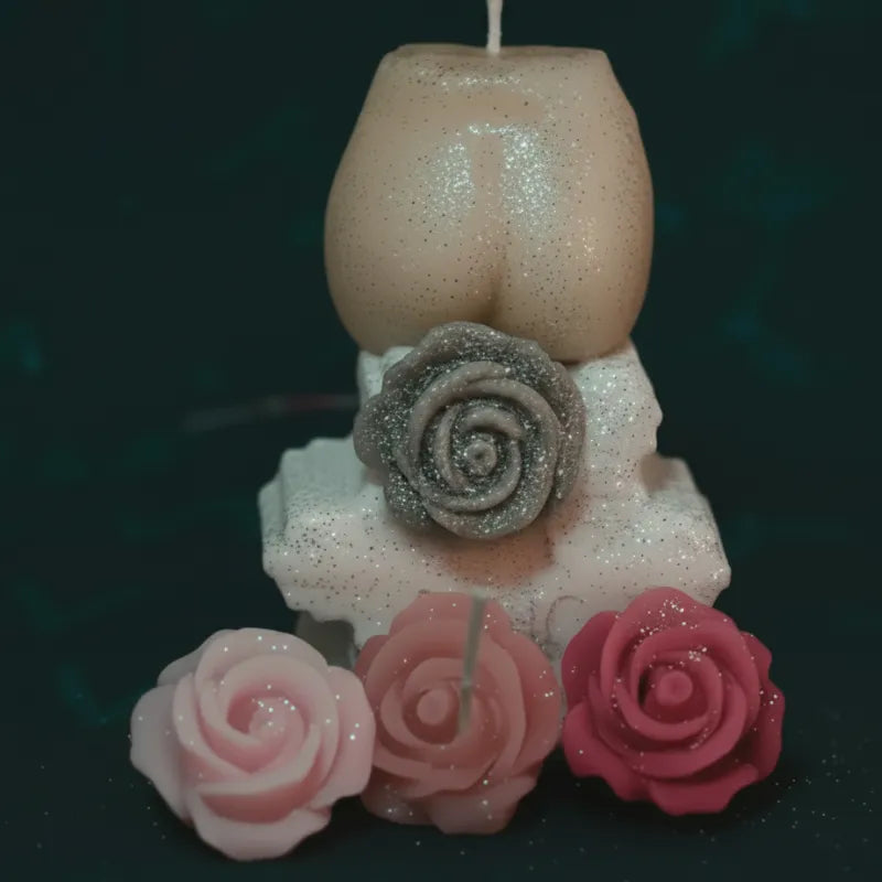 Cheeks the Charm (creamy beige colour with bling effect/embeds ) ON A SINGLE STAR SHAPE HOLDER. *with multi colour bling rose candles located at the star holder base. *Styled on  LAVA wrapping