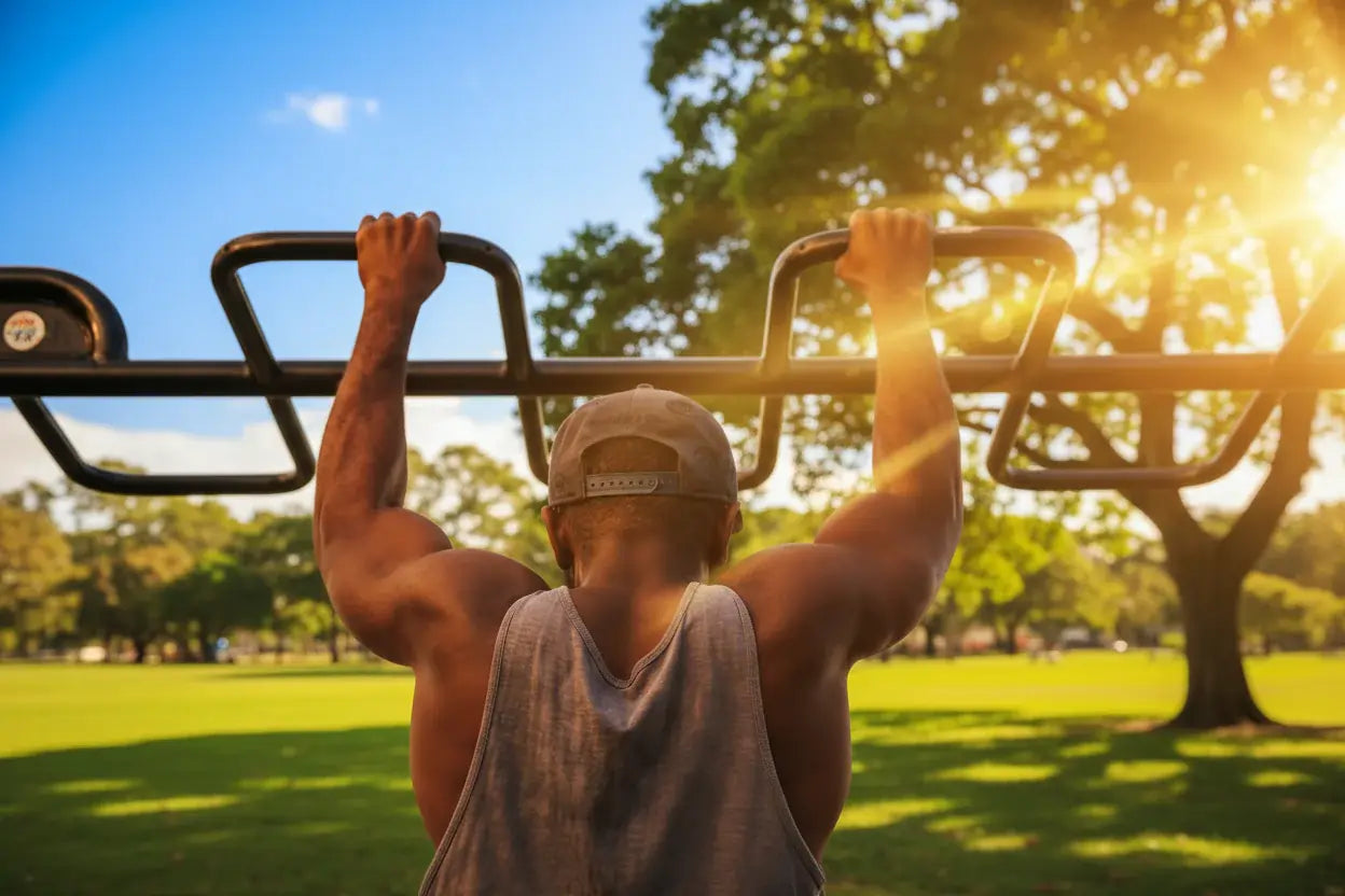 Person doing pull-ups on outdoor gym equipment in natural environment