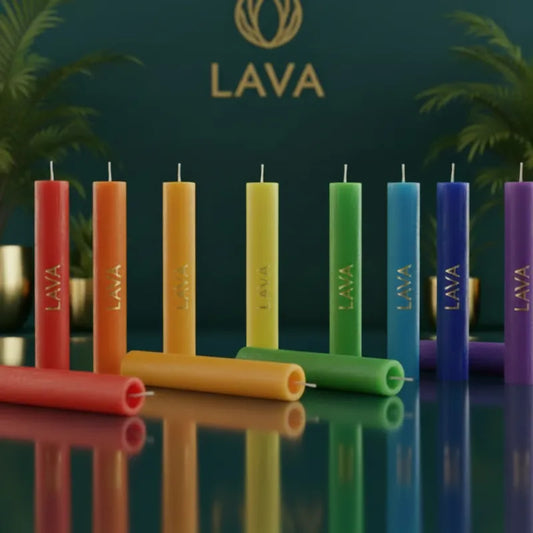 Color range of hollow center candles with 'LAVA' branding