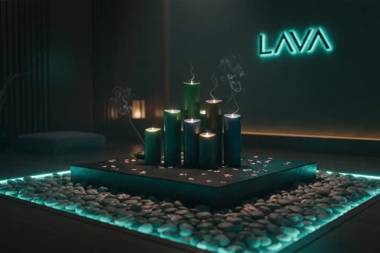 Lava spa setup with candles and glowing water.