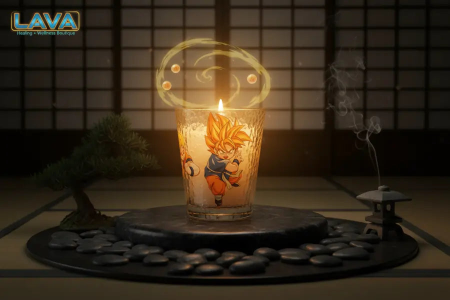 Candle with a character design on a stone surface, with our 'LAVA' branding in the corner.