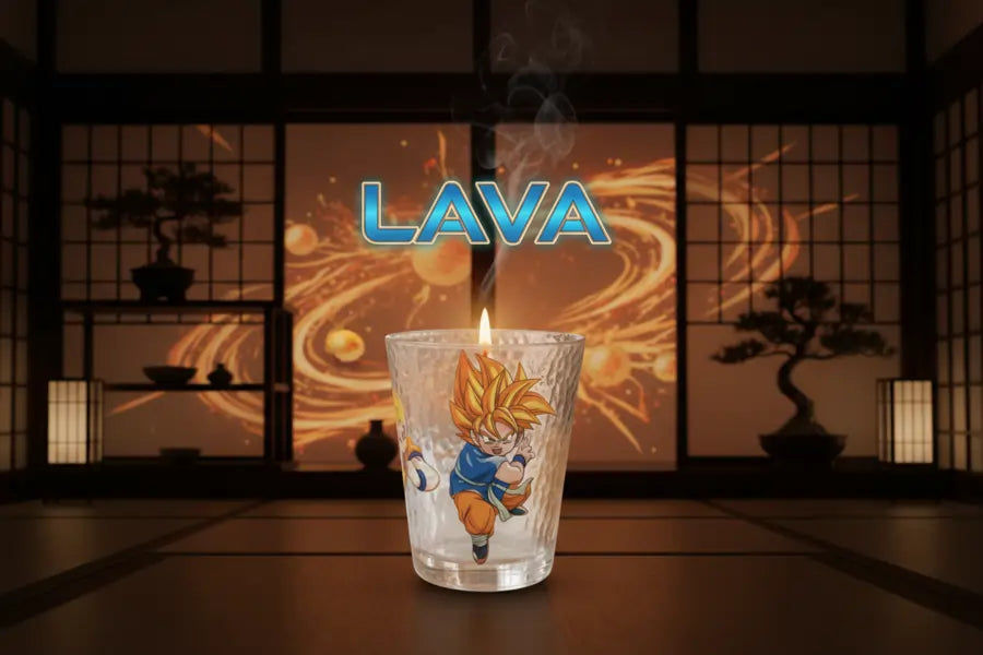 Candle in a glass with a character design on a wooden floor with our 'LAVA' branding.