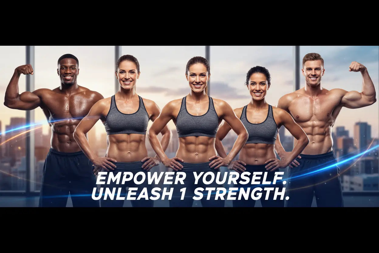 Group of five muscular individuals posing with text 'Empower Yourself. Unleash 1 Strength.' against a cityscape background.