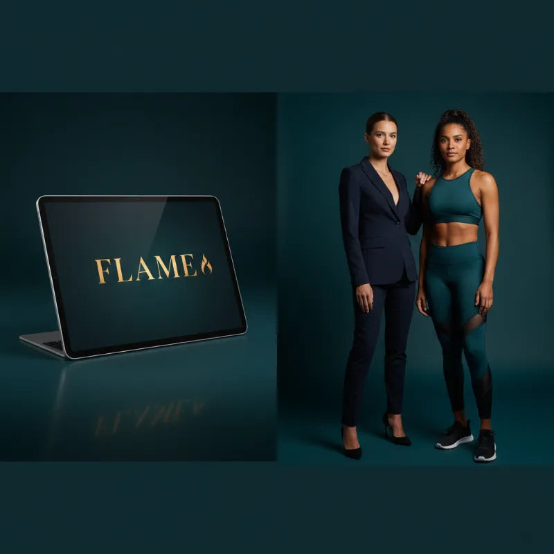 Two women standing on a dark background