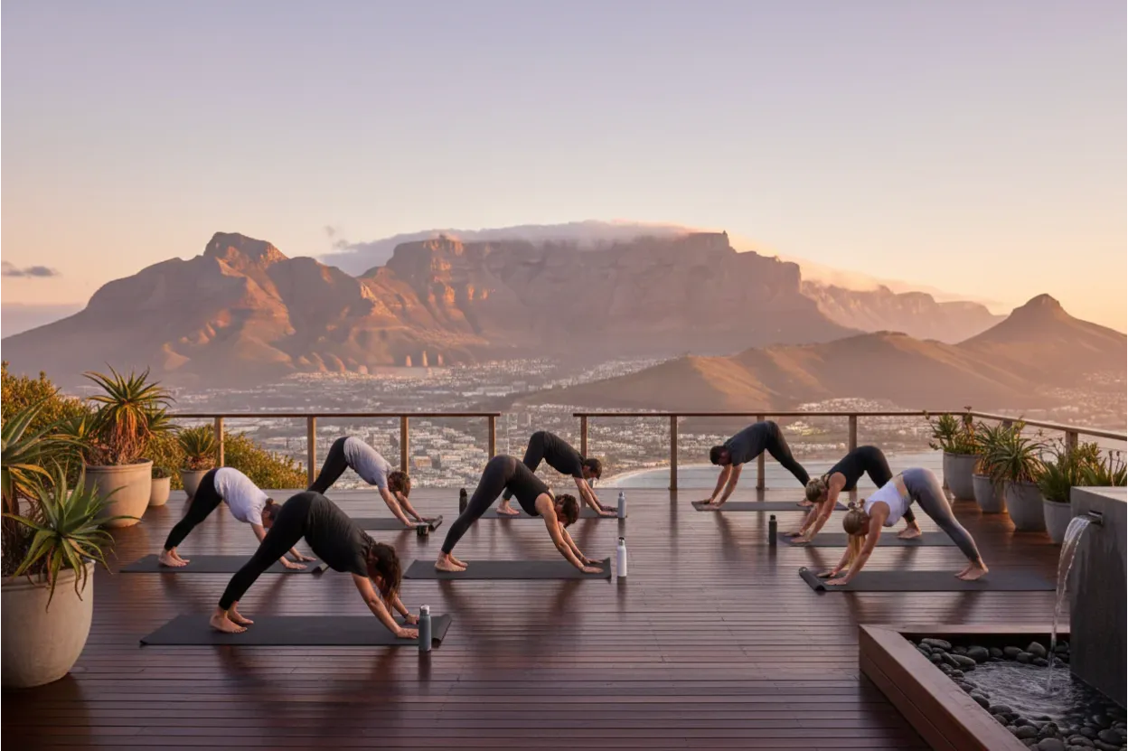 Group of people practicing yoga on a deck