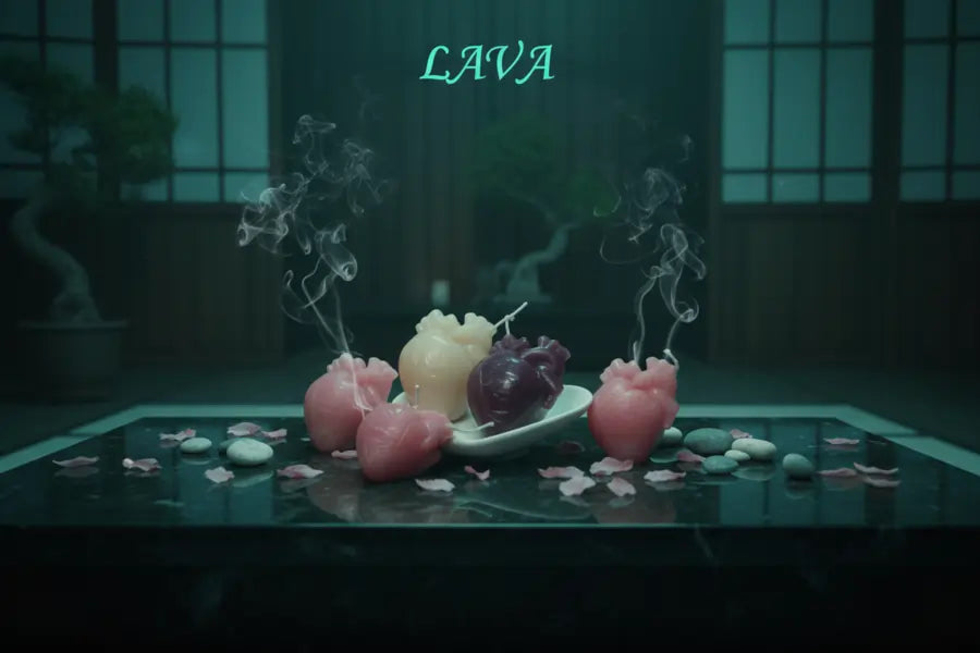 Colorful curated heart (organ)  candles on our signature heart shape holder / tray holder on a dark background