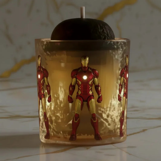 Iron Man figure inside a decorative glass container with Lava-volcano shaped candles