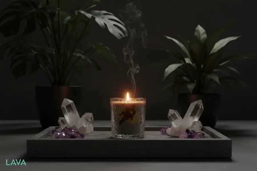 Iron-man Candle with crystals and plants on a dark background in LAVA Meditation room