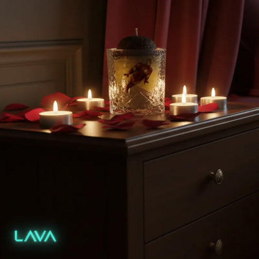 Romantic bedroom scene with  OUR LAVA IRON MAN CANDLE AS WE GO TO BED