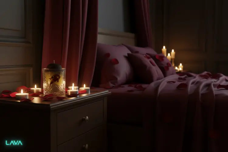 Romantic bedroom scene with  OUR LAVA IRON MAN CANDLE AS WE GO TO BED