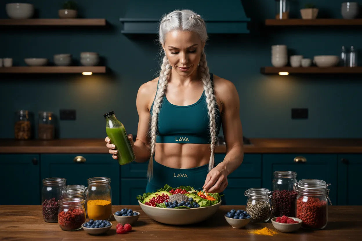 Lava trainer holding a green smoothie and preparing a salad