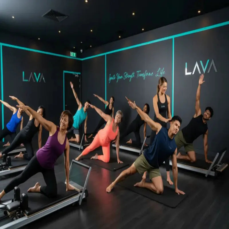 Group of people exercising in a LAVA fitness studio.