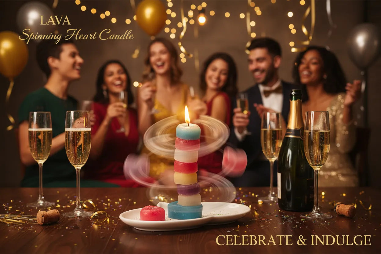 Group of people celebrating with champagne and a colorful candle, LAVA Spinning Heart Candle displayed.