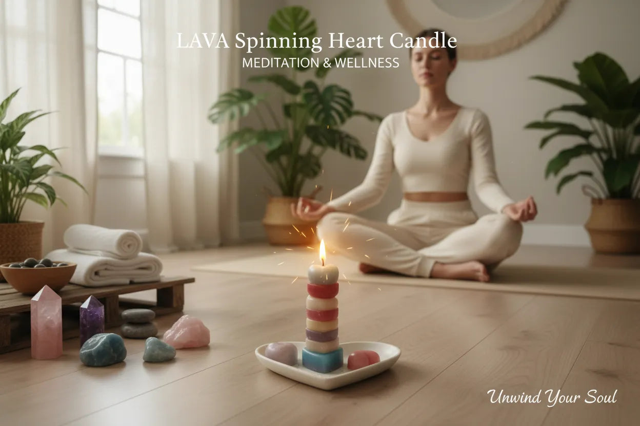 Woman meditating with a LAVA Spinning Heart Candle in a serene room with plants and crystals.