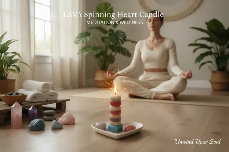 Person meditating with a LAVA Spinning Heart Candle in a serene room with plants and crystals.