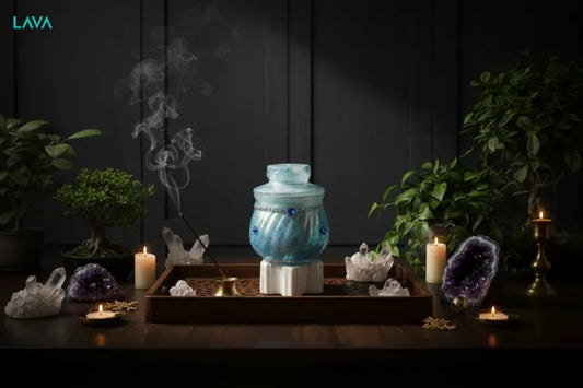 LAVA ZEN ROOM setup with a blue tinted jar + candles and crystals 