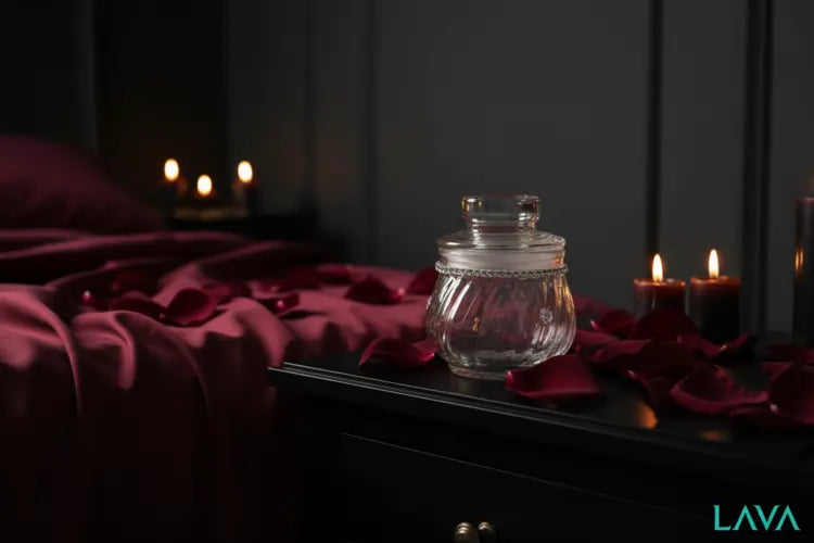 luxury-cubic-jar-gold-arrow-s1 JAR on a dark surface with candles and 