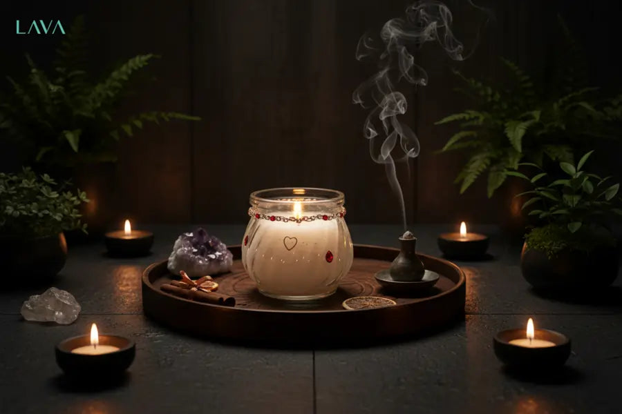 Candlelit scene IN LAVA zen-room featuring our luxury-cubic-jar-red-gold jar (S3)