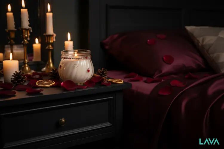 Decorative setup with Candlelit scene IN LAVA room featuring our luxury-cubic-jar-red-gold jar (S3)