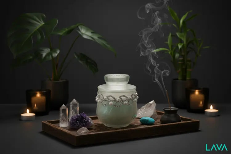 LAVA ZEN ROOM holds space for this luxxxury jar with crystals on a dark background.