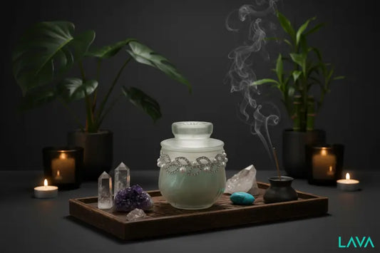 LAVA ZEN ROOM holds space for this luxxxury jar with crystals on a dark background.