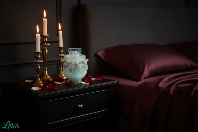 romantic setting featuring Luxury Pearl Cubic S2 JAR with Decorative teal color wax to highlight the pearl and crystal embellishments  + Candle lit  candles 